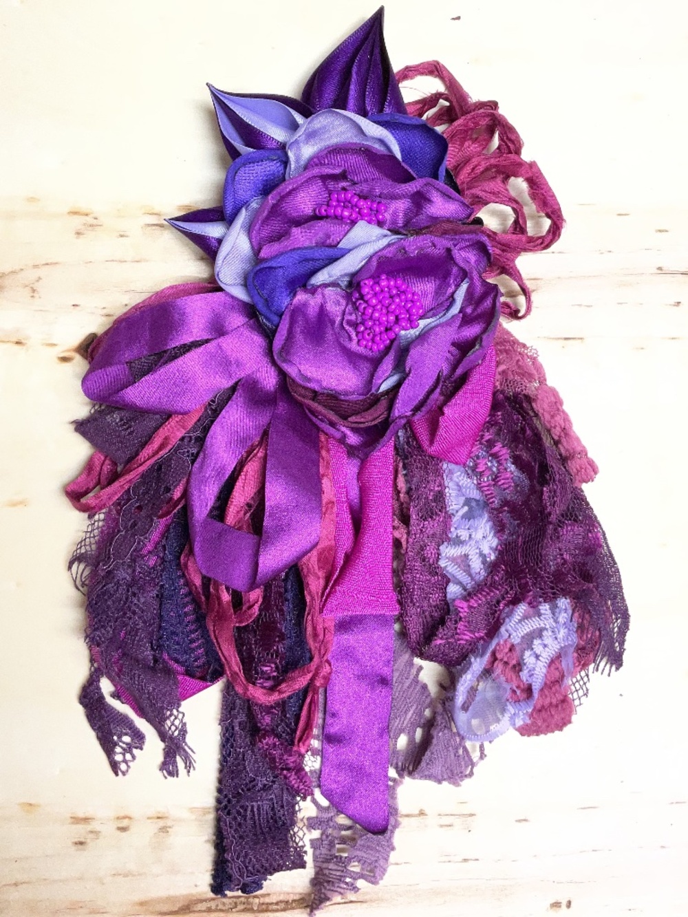 Corsage-Brooch-Frou Frou- Bow- upcycled flower pin